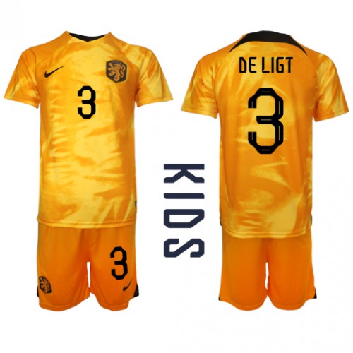 Dres Nizozemska Matthijs de Ligt #3 Domaci za djecu SP 2022 Kratak Rukav (+ kratke hlače)